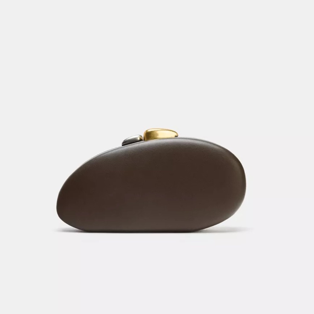 Zara NWT brown clutch bag irregular oval asymmetrical removable gold chain strap - Picture 3 of 6